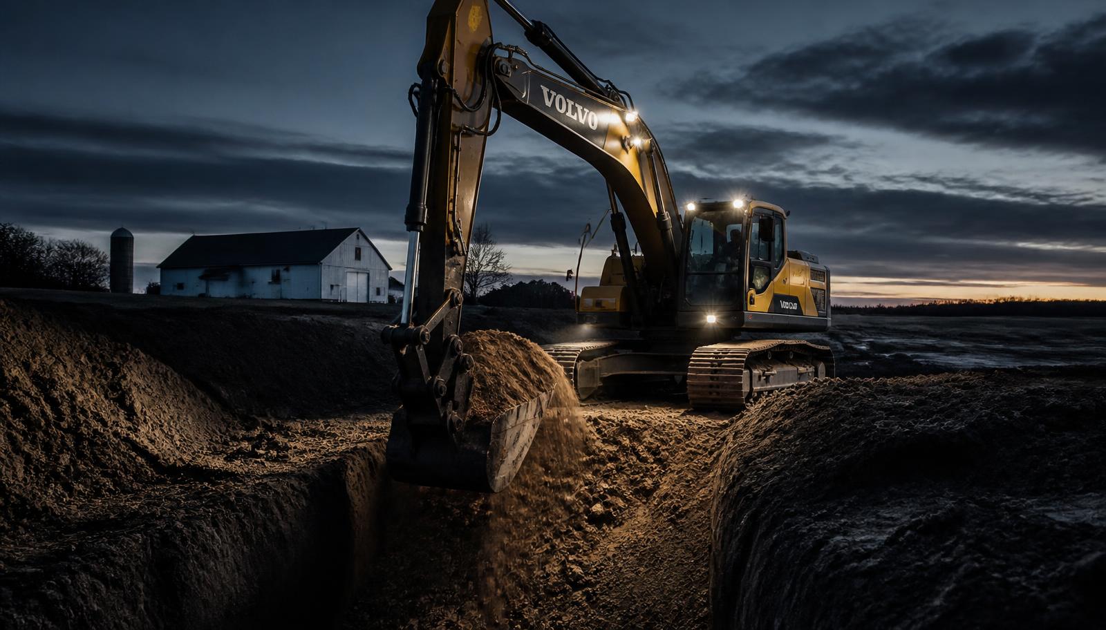 Excavator digging a foundation trench on a rural Northwest Illinois site